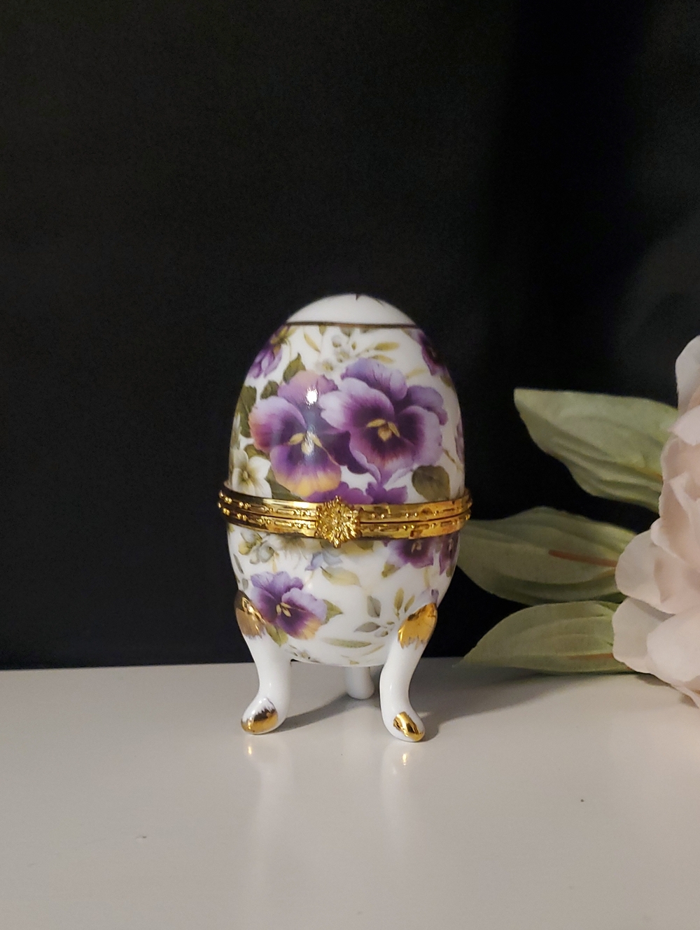 Porcelain Decorative Egg Trinket Box with Purple Floral Design